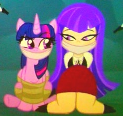 Size: 294x278 | Tagged: safe, artist:beckynatt, imported from derpibooru, twilight sparkle, alicorn, human, pony, bondage, bound and gagged, calm, cloth gag, clothes, dc comics, dc superhero girls, duo, duo female, female, gag, help us, looking at each other, looking at someone, ribbon bow tie, rope, rope bondage, shirt, sitting, skirt, smiling, smirk, tied up, twilight sparkle (alicorn), waistcoat, zatanna