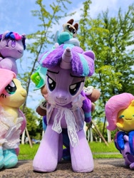 Size: 1728x2304 | Tagged: safe, artist:brella, artist:startil, imported from derpibooru, fluttershy, lyra heartstrings, starlight glimmer, twilight sparkle, alicorn, pegasus, unicorn, clothes, dress, horn, irl, photo, plushie, socks, symbiote