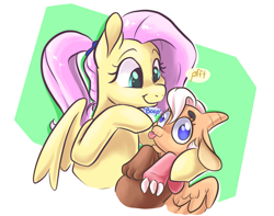 Size: 2039x1610 | Tagged: safe, artist:smirk, imported from derpibooru, fluttershy, oc, oc:lamb bell, hybrid, :p, boop, draconequus hybrid, duo, female, foal, hair up, hybrid oc, interspecies offspring, mother and child, mother and daughter, offspring, parent:discord, parent:fluttershy, parents:discoshy, simple background, tongue out, wall eyed