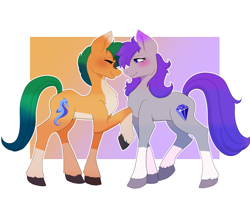 Size: 3837x3176 | Tagged: safe, artist:sagegreenpossum, imported from derpibooru, oc, oc only, oc:glitter stone, oc:skyena, earth pony, pony, seahorse, artfight, artfight 2024, blue eyes, blushing, coat markings, couple, cute, diamond, diamond cutie mark, digital art, duo, duo female, earth pony oc, eyes closed, female, femare, full body, g5, green hair, green mane, green tail, hair over one eye, happy, lesbian, mare, markings, nose to nose, not hitch trailblazer, not maud pie, not rarity, purple mane, purple tail, raised hoof, side view, simple background, smiling, socks (coat markings), tail, tomboy, transparent background, wholesome