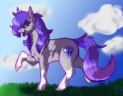 Size: 4100x3200 | Tagged: safe, artist:wholesomecowboy, imported from derpibooru, oc, oc only, oc:glitter stone, earth pony, pony, artfight, artfight 2024, blue eyes, blushing, cloud, coat markings, day, diamond, diamond cutie mark, digital art, earth pony oc, female, full body, g5, grass, gray coat, grey fur, hair over one eye, hooves, long mane, long tail, looking at you, mare, nature, not maud pie, not rarity, purple hair, purple mane, purple tail, raised hoof, side view, sky, smiling, smiling at you, socks (coat markings), solo, tail, trotting, wholesome