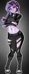 Size: 353x900 | Tagged: safe, artist:nolyanimeid, imported from derpibooru, starlight glimmer, human, equestria girls, belly, belly button, clothes, eyeshadow, goth, gradient background, headband, jeans, looking at you, makeup, pants, ripped jeans, ripped pants, solo, torn clothes