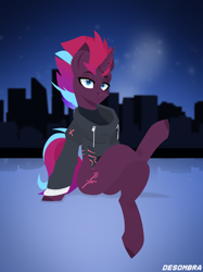 Size: 3236x4320 | Tagged: safe, artist:desombra, imported from derpibooru, oc, oc only, oc:tempest revenant, unicorn, city, cityscape, clothes, crossed legs, hoodie, horn, looking at you, night, not tempest shadow, solo