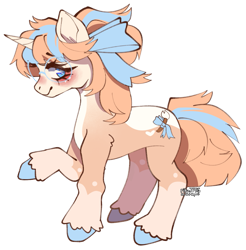 Size: 1473x1500 | Tagged: safe, artist:ritzjpeg, imported from derpibooru, oc, oc only, pony, unicorn, artfight, blue eyes, blue hooves, blushing, horn, mare oc, multicolored coat, orange coat, outline, raised hoof, side view, simple background, smiling, solo, tan coat, transparent background, two toned mane, unicorn oc, white coat, white outline