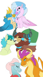 Size: 827x1458 | Tagged: safe, artist:jinx32297, imported from derpibooru, gallus, ocellus, sandbar, silverstream, smolder, yona, fangs, female, gallstream, jewelry, kissing, lesbian, male, necklace, older, older gallus, older ocellus, older sandbar, older silverstream, older smolder, older yona, shipping, simple background, smolcellus, straight, student six, white background, yonabar