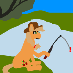 Size: 1400x1400 | Tagged: safe, artist:goofyartist4451, imported from derpibooru, applejack, 1000 hours in ms paint, fishing, fishing rod, goofy, green eyes, lake, sitting, solo, water