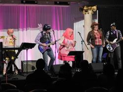 Size: 1024x768 | Tagged: safe, artist:brinycosplay, artist:the shake ups, imported from derpibooru, applejack, fluttershy, pinkie pie, twilight sparkle, human, clothes, cosplay, costume, electric guitar, guitar, irl, irl human, musical instrument, photo, ponycon 2016, ponycon nyc