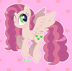 Size: 1054x1028 | Tagged: safe, artist:lullapiies, imported from derpibooru, oc, oc:lullapie, pegasus, pony, blush lines, blushing, curly mane, curly tail, eyelashes, female, flying, green eyes, heart, heart eyes, long mane, long tail, looking back, mare, one eye closed, outline, patterned background, pink coat, purple mane, purple tail, shiny mane, smiling, solo, spread wings, tail, two toned mane, two toned tail, wingding eyes, wings, wink