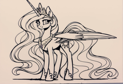 Size: 2200x1506 | Tagged: safe, imported from derpibooru, princess celestia, ai content, ai generated, generator:pony diffusion v6 xl, generator:stable diffusion, lineart, prompter:siber, smiling, solo