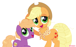 Size: 1436x894 | Tagged: safe, artist:lullapiies, imported from derpibooru, applejack, little mac, earth pony, pony, aunt and nephew, clothes, colt, duo, female, foal, granny smith's shawl, lidded eyes, male, mare, older, older applejack, open mouth, open smile, scarf, simple background, smiling, white background