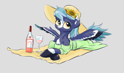 Size: 4295x2547 | Tagged: safe, artist:lytlethelemur, imported from derpibooru, oc, oc only, oc:bellflower frost, pegasus, pony, alcohol, big hooves, blaze (coat marking), blue mane, blue tail, blue wingtips, bottle, clothes, coat markings, colored ear fluff, colored eartips, colored hooves, colored wings, colored wingtips, crossed hooves, dress, ear fluff, facial markings, female, female oc, flower, glass, gray background, green dress, hat, high res, hooves, looking up, lying down, mare, mare oc, multicolored wings, navy hooves, off shoulder, patreon, patreon reward, prone, purple coat, shiny hooves, shiny mane, shoulderless, simple background, smiling, solo, spread wings, striped wings, sun hat, sundress, sunflower, tail, two toned ears, two toned mane, two toned tail, unshorn fetlocks, wall of tags, wine, wine bottle, wine glass, wing markings, wings, yellow eyes