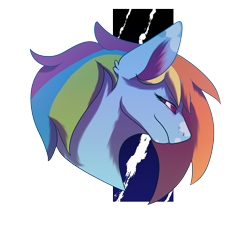 Size: 6668x6001 | Tagged: safe, artist:aha-bleppers, imported from derpibooru, rainbow dash, pegasus, pony, absurd resolution, alternate design, blue coat, blue fur, bust, countershading, eyelashes, facial markings, multicolored hair, multicolored mane, narrowed eyes, rainbow hair, red eyes, simple background, smiling, solo, white background