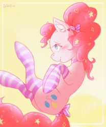 Size: 1000x1200 | Tagged: safe, artist:spiderbones31, imported from derpibooru, pinkie pie, earth pony, pony, abstract background, alternate hairstyle, blushing, bow, choker, clothes, colored ear fluff, ear fluff, ear piercing, earring, female, hair bow, hair ornament, heart earring, hooves together, jewelry, lidded eyes, long socks, looking up, mare, open mouth, open smile, piercing, ponytail, profile, raised leg, signature, smiling, socks, solo, striped socks, tail, tail bow, tied mane, tied tail