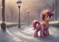 Size: 1840x1328 | Tagged: safe, imported from derpibooru, scootaloo, pegasus, pony, ai content, ai generated, clothes, diaper, diaper under clothes, dock, feathered wings, female, filly, foal, generator:pony diffusion v6 xl, generator:stable diffusion, non-baby in diaper, onesie, pajamas, prompter:cayuse, snow, snowfall, solo, tail, tail hole, wings, winter