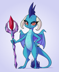 Size: 2196x2701 | Tagged: safe, artist:aquaticvibes, imported from derpibooru, princess ember, dragon, bloodstone scepter, dragon lord ember, dragoness, female, frown, gradient background, hand on hip, high res, looking at you, solo