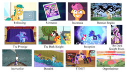 Size: 2205x1241 | Tagged: safe, edit, edited screencap, imported from derpibooru, screencap, apple bloom, applejack, banana pudding, claviharp, hitch trailblazer, princess cadance, princess luna, rose spur, scootaloo, spike, trixie, trouble shoes, twilight sparkle, alicorn, bat, dragon, earth pony, fruit bat, pony, unicorn, vampire fruit bat, appleoosa's most wanted, bats!, boast busters, it's about time, my little pony: the movie, season 4, sleepless in ponyville, the beginning of the end, spoiler:g5, spoiler:my little pony: tell your tale, spoiler:tyts01e29, apple, apple orchard, apple tree, atomic rainboom, bare tree, batman begins, bipedal, bloodshot eyes, bloom & gloom, bow, cape, chains, clothes, clown, clown nose, cropped, crown, cute, dragon dad, dragons riding ponies, dream realm, dream walker luna, duckface, dunkirk, duo, ethereal mane, exploitable meme, explosion, explotion, eyes closed, fabulous, faic, feather, female, filly, foal, food, future twilight, g5, gag, hair bow, hat, horn, implied photo finish, inception, interstellar, jewelry, lidded eyes, lights, makeup, male, mare, meme, memento, muzzle, muzzle gag, my little pony: tell your tale, open mouth, oppenheimer, orchard, paper, photo, portrayed by ponies, quill, raised hoof, red eyes, red nose, regalia, riding, riding a pony, rodeo, rodeo clown, safe (object), scroll, self paradox, self ponidox, silhouette, sirocco, sparkles, spike riding twilight, stallion, standing, starry mane, stars, stop the bats, tenet, the dark knight, the dark knight rises, the prestige, tree, trixie's cape, trixie's hat, troublebetes, twilight sparkle (alicorn), wall of tags, we got this together, wings, worried, y pose