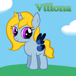 Size: 894x894 | Tagged: safe, artist:jen-joyce, imported from derpibooru, oc, oc only, oc:villona, alicorn, pony, alicorn oc, base used, black wingtips, blonde mane, blonde tail, blue coat, colored wings, colored wingtips, eyelashes, female, filly, foal, four wings, gradient wingtips, grass, green text, horn, multicolored wings, multiple wings, outdoors, purple eyes, requested art, sky background, solo, standing, tail, text, two toned wings, two toned wingtips, unicorn horn, wavy tail, wings