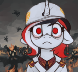 Size: 774x719 | Tagged: safe, artist:marsminer, imported from derpibooru, oc, oc:red rocket, bat pony, changeling, unicorn, equestria at war mod, burning bodies, clothes, collar, commission, death, fire, helmet, horn, looking at you, meme, necktie, shirt, solar empire, stare, thousand yard stare, uniform, ych result