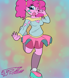 Size: 3700x4200 | Tagged: safe, artist:digi1talpho3nix, imported from derpibooru, pinkie pie, human, equestria girls, abstract background, blue eyes, breasts, cleavage, clothes, colored eyebrows, cutie mark, cutie mark on clothes, eyebrows, eyebrows visible through hair, female, frilly skirt, kneesocks, large tongue, long sleeved shirt, long sleeves, long socks, looking at you, off shoulder, one eye closed, pigtails, pink hair, pink skin, raised arm, raised leg, shirt, shoes, shorts, skirt, sneakers, socks, solo, tied hair, tongue out, wink