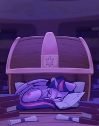 Size: 1582x2000 | Tagged: safe, artist:kittytitikitty, imported from derpibooru, twilight sparkle, alicorn, pony, book, box, chest, eyes closed, library, pony in a box, sleeping, twilight sparkle (alicorn)