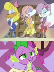 Size: 1280x1681 | Tagged: safe, edit, edited screencap, imported from derpibooru, screencap, spike, dragon, babs bunny, clothes, dress, eyeshadow, fifi la fume, funny, furry, heart, lipstick, love, makeup, shirley the loon, smiling, the amazing three, tiny toon adventures, wingless spike