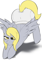 Size: 897x1280 | Tagged: safe, alternate version, artist:samyrai, imported from derpibooru, derpy hooves, pegasus, pony, abdl, ass up, diaper, diaper fetish, female, fetish, mare, non-baby in diaper, simple background, solo, solo female, stretching, white background