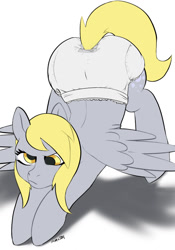 Size: 897x1280 | Tagged: safe, alternate version, artist:samyrai, imported from derpibooru, derpy hooves, pegasus, pony, abdl, ass up, diaper, diaper fetish, female, fetish, mare, non-baby in diaper, simple background, solo, solo female, spread wings, stretching, white background, wings