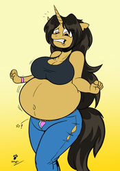 Size: 1298x1859 | Tagged: safe, artist:duragan, imported from derpibooru, oc, oc:amber steel, anthro, unicorn, belly, big belly, clothes, fat, food baby, gradient background, gritted teeth, horn, open fly, overeating, stuffed, teeth, tight clothing, torn clothes, uncomfortable, unicorn oc, wardrobe malfunction, weight gain