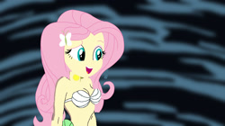 Size: 1280x718 | Tagged: safe, artist:catoon28, imported from twibooru, fluttershy, mermaid, equestria girls, bra, breasts, cleavage, clothes, crossover, cute, image, mermaidized, needs more jpeg, now sing, seashell bra, shyabetes, species swap, the little mermaid, underwear, voice