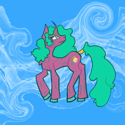 Size: 2048x2048 | Tagged: safe, artist:chronoroost, imported from derpibooru, oc, oc only, oc:flumine carcad, pony, unicorn, abstract background, artfight, cyan, digital art, female, fluffy hair, horn, side view, solo, unshorn fetlocks