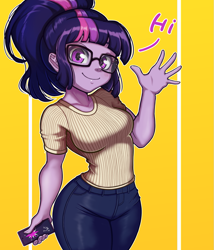 Size: 855x1000 | Tagged: safe, artist:the-park, imported from derpibooru, sci-twi, twilight sparkle, human, equestria girls, breasts, busty sci-twi, busty twilight sparkle, cellphone, female, hi, phone, smartphone, solo, waving