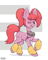 Size: 3000x3780 | Tagged: safe, artist:crashbrush, imported from derpibooru, pacific glow, earth pony, pony, accessory, chest fluff, clothes, dancing, ear fluff, eyes closed, female, full body, furry leg warmers, glow rings, high res, jewelry, leg warmers, mare, neclease, pink fur, pink mane, ponytails, raver, simple background, smiling, solo, white background