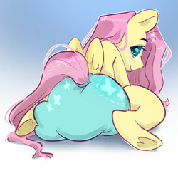 Size: 1280x1280 | Tagged: safe, artist:samyrai, imported from derpibooru, fluttershy, pegasus, pony, abdl, anatomically incorrect, diaper, diaper butt, female, frog (hoof), gradient background, incorrect leg anatomy, looking at you, looking back, looking back at you, non-baby in diaper, smiling, solo, solo female, spread legs, spreading, underhoof