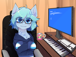 Size: 3500x2625 | Tagged: safe, artist:millman;, imported from derpibooru, oc, oc only, bat pony, pony, bat pony oc, bat wings, blue screen of death, blushing, computer, glasses, keyboard, microsoft windows, mug, musical instrument, sitting, solo, synthesizer, windows, windows 10, wings