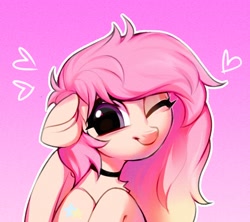 Size: 1542x1368 | Tagged: safe, artist:vensual99, imported from derpibooru, oc, oc only, pegasus, pony, bust, chest fluff, choker, female, floating heart, gradient background, heart, mare, one eye closed, solo, wink