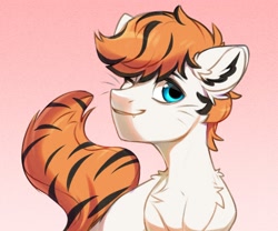Size: 1628x1352 | Tagged: safe, artist:vensual99, imported from derpibooru, oc, oc only, cat, cat pony, original species, pony, cat tail, chest fluff, fangs, gradient background, male, one eye closed, stallion, tail, whiskers, wink