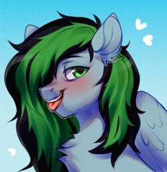 Size: 1654x1712 | Tagged: safe, artist:vensual99, imported from derpibooru, oc, oc only, pegasus, pony, blushing, bust, chest fluff, floating heart, gradient background, heart, male, solo, stallion, tongue out