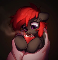 Size: 1052x1080 | Tagged: safe, artist:vensual99, imported from derpibooru, oc, oc only, pegasus, pony, blanket, brown background, chocolate, food, hot chocolate, licking, marshmallow, mug, simple background, solo, tongue out