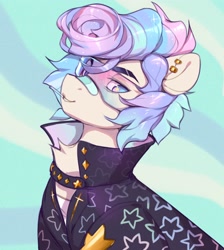 Size: 2508x2803 | Tagged: safe, artist:vensual99, imported from derpibooru, oc, oc only, earth pony, pony, abstract background, bandaid, bandaid on nose, chest fluff, clothes, ear piercing, earring, eyebrow slit, eyebrows, jacket, jewelry, male, piercing, solo, stallion, visor