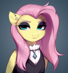 Size: 2222x2376 | Tagged: safe, artist:vensual99, imported from derpibooru, fluttershy, pegasus, pony, bust, clothes, dress, ear piercing, earring, female, fluttergoth, gray background, jewelry, mare, piercing, simple background, solo