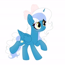 Size: 6890x6890 | Tagged: safe, artist:riofluttershy, imported from derpibooru, oc, oc only, oc:fleurbelle, alicorn, pony, alicorn oc, blushing, bow, female, hair bow, horn, mare, simple background, smiling, solo, tail, trotting, two toned mane, two toned tail, white background, wings, yellow eyes