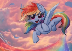 Size: 2835x2004 | Tagged: safe, artist:vensual99, imported from derpibooru, rainbow dash, pegasus, pony, chest fluff, cute, dashabetes, feather, female, flying, mare, open mouth, open smile, rainbow, rainbow trail, smiling, solo