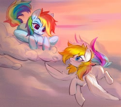 Size: 1711x1509 | Tagged: safe, artist:vensual99, imported from derpibooru, rainbow dash, oc, pegasus, pony, blushing, cloud, duo, duo female, female, flying, lying down, lying on a cloud, mare, on a cloud, prone, spread wings, wings