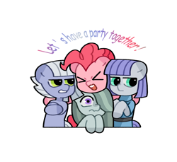 Size: 1200x1100 | Tagged: safe, artist:shedu256, imported from derpibooru, limestone pie, marble pie, maud pie, pinkie pie, earth pony, pony, :3, eyes closed, female, glare, mare, pie sisters, scared, siblings, simple background, sisters, text, white background