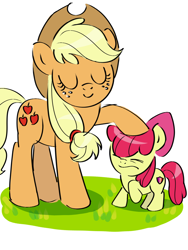 Size: 1080x1440 | Tagged: safe, artist:cuiyingying405, imported from derpibooru, apple bloom, applejack, earth pony, pony, apple sisters, duo, duo female, eyes closed, female, filly, foal, grass, head pat, mare, pat, petting, siblings, simple background, sisters, smiling, white background