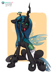 Size: 3176x4339 | Tagged: safe, artist:bloodymrr, imported from derpibooru, queen chrysalis, changeling, changeling queen, abdl, commission, diaper, diaper fetish, female, fetish, floppy ears, hypno eyes, non-baby in diaper, orange background, simple background, sitting, sitting on floor, smiling, tongue out, white background, wings