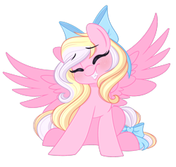 Size: 1632x1551 | Tagged: safe, artist:emberslament, imported from derpibooru, oc, oc only, oc:bay breeze, pegasus, pony, blushing, bow, cute, eyes closed, female, hair bow, happy, mare, pegasus oc, simple background, sitting, smiling, solo, spread wings, tail, tail bow, transparent background, wings