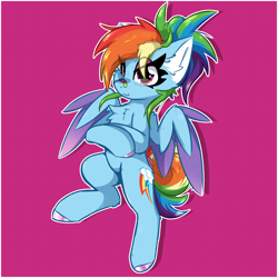 Size: 2000x2000 | Tagged: safe, artist:jubyskylines, imported from derpibooru, rainbow dash, pegasus, pony, alternate hairstyle, bandaid, bandaid on nose, chest fluff, drop shadow, ear fluff, eye clipping through hair, eyeshadow, female, makeup, mare, partially open wings, pink background, simple background, solo, wings