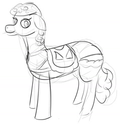 Size: 1266x1324 | Tagged: safe, artist:ramdom_player201, imported from derpibooru, earth pony, pony, clothes, looking at you, monochrome, rough sketch, saddle, simple background, sketch, tack, white background