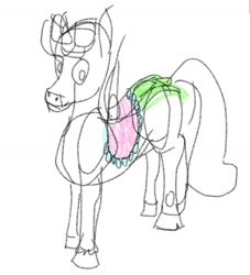 Size: 1185x1303 | Tagged: safe, artist:ramdom_player201, imported from derpibooru, unicorn, clothes, horn, rough sketch, saddle, simple background, sketch, tack, white background